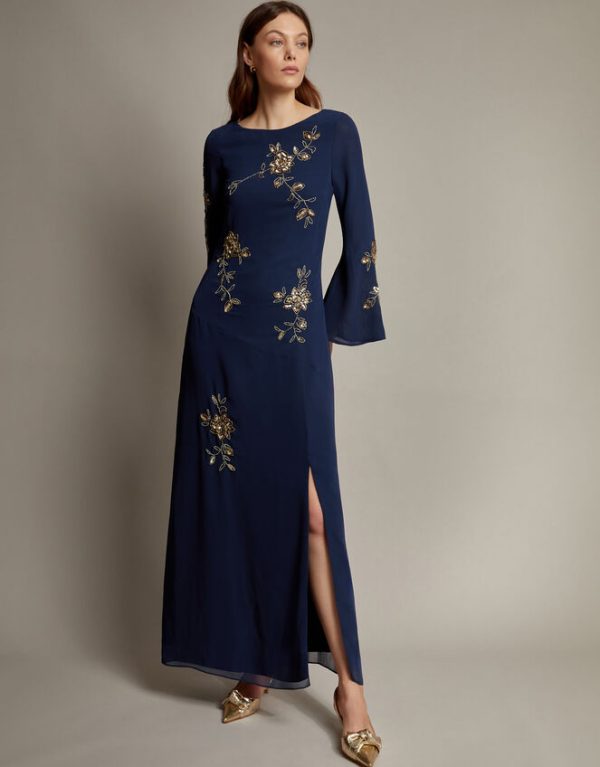 Monsoon Sarah Flute Sleeve Floral Sequin Maxi Dress Blue