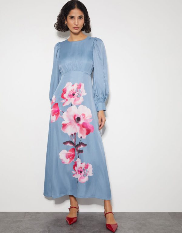 Monsoon Sia Satin Floral Maxi Dress Blue