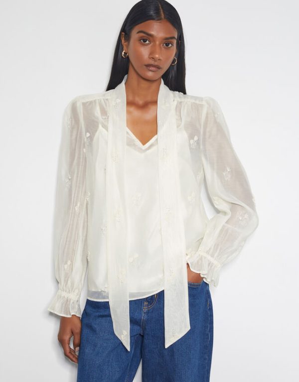 Monsoon Mae Organza Pussybow Blouse Ivory