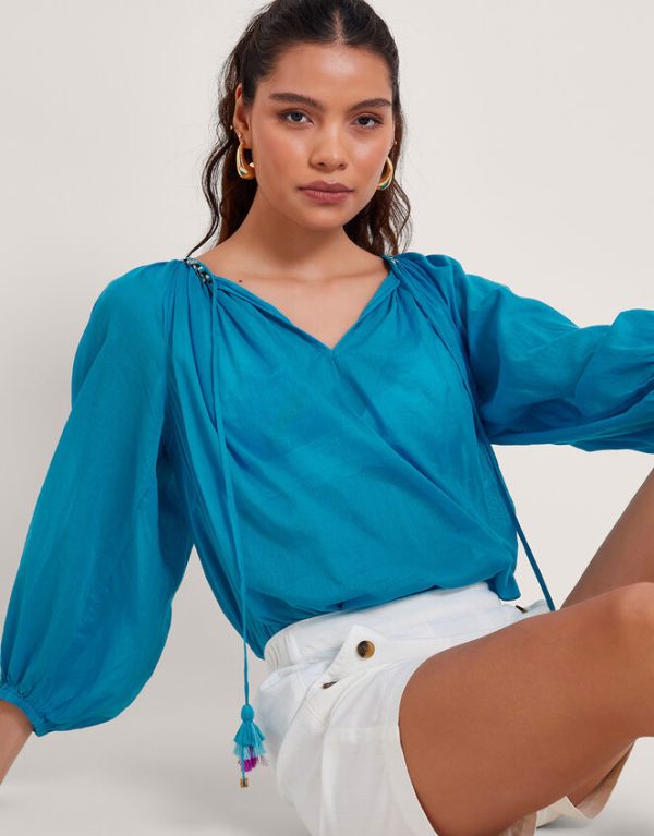 Monsoon Amy Tie Neck Top Blue