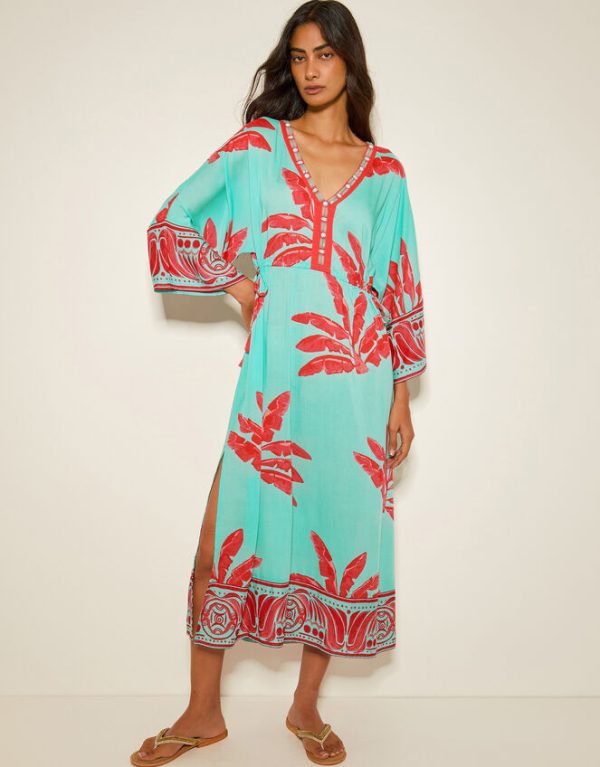 Monsoon Pamela Palm Print Kaftan Dress Green