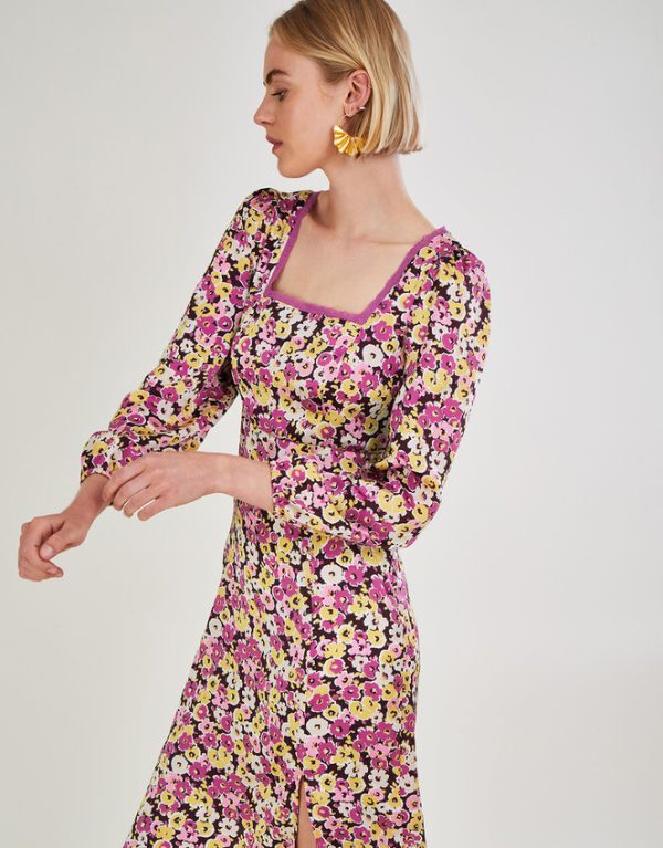 Monsoon Daria Long Sleeve Midi Dress with Recycled Polyester Pink