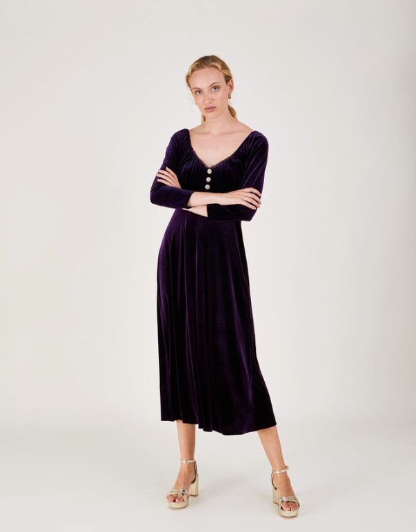 Monsoon Sara Velvet Midi Dress Purple