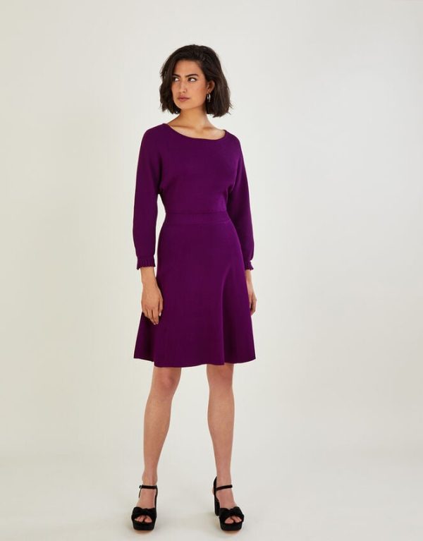 Monsoon Pleat Cuff Short Knit Dress Purple