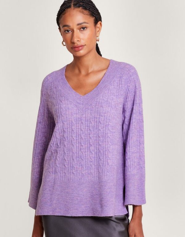 Monsoon V-Neck Cable Longline Jumper Purple