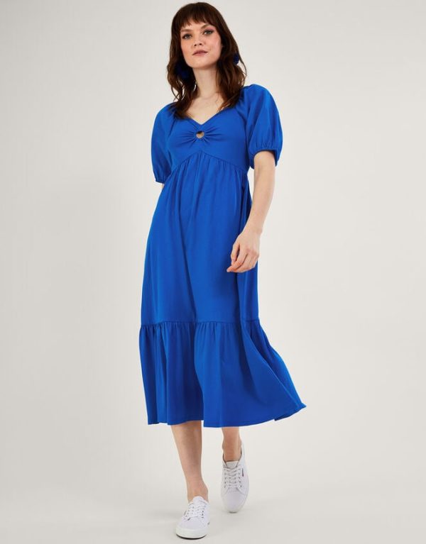 Monsoon Puff Sleeve O-Ring Detail Midi Dress Blue