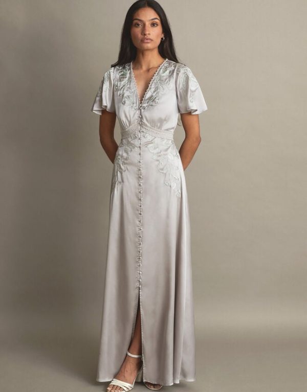 Monsoon Mia Satin Embroidered Maxi Dress Silver