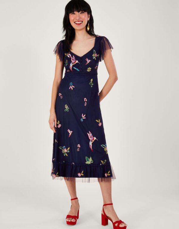 Monsoon Helena Embellished Tea Dress Blue