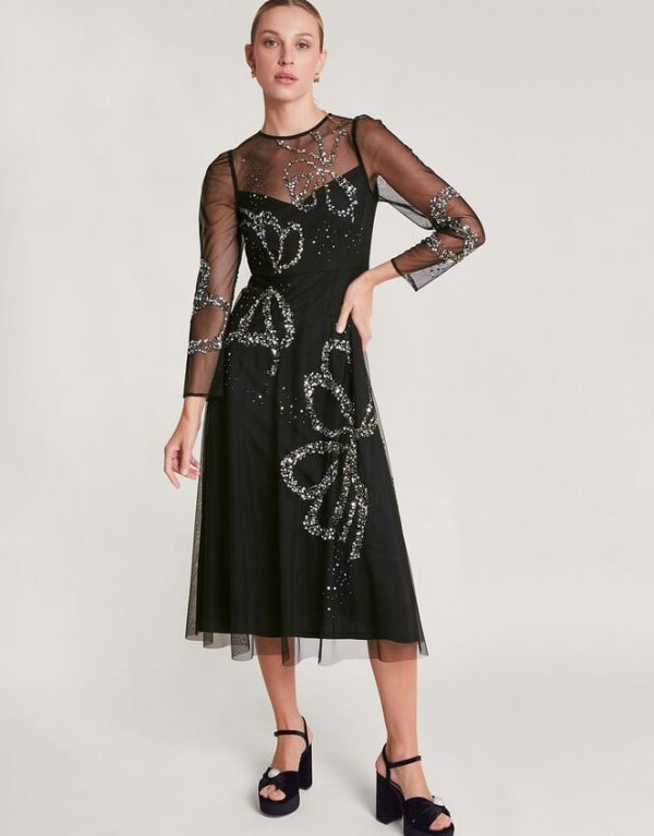 Monsoon Sophie Sheer Sequin Bow Midi Dress Black