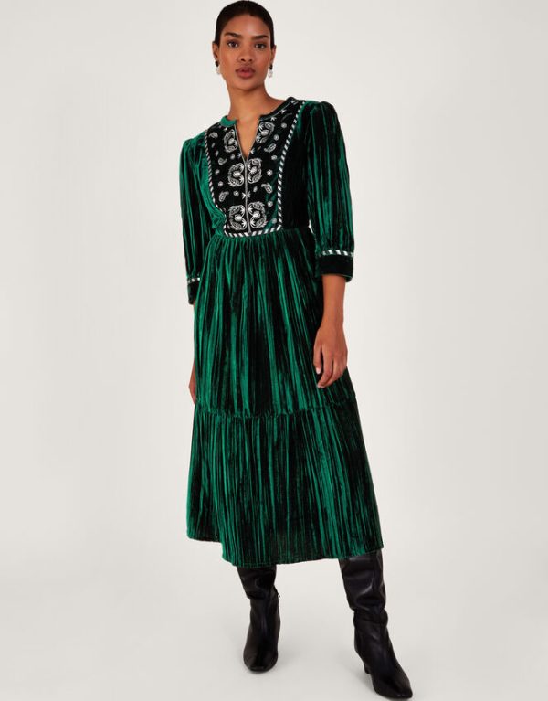 Monsoon Penny Paisley Embroidered Dress Green