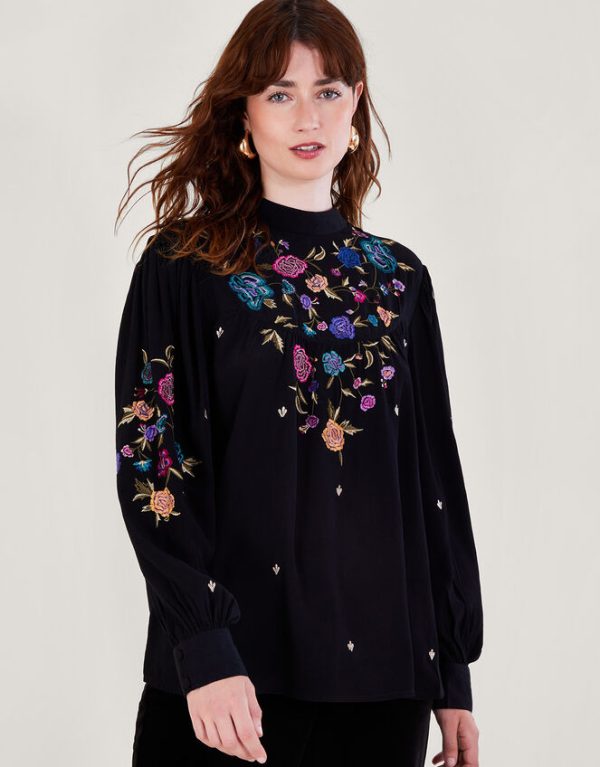 Monsoon Freya Embroidered Bib Blouse Black