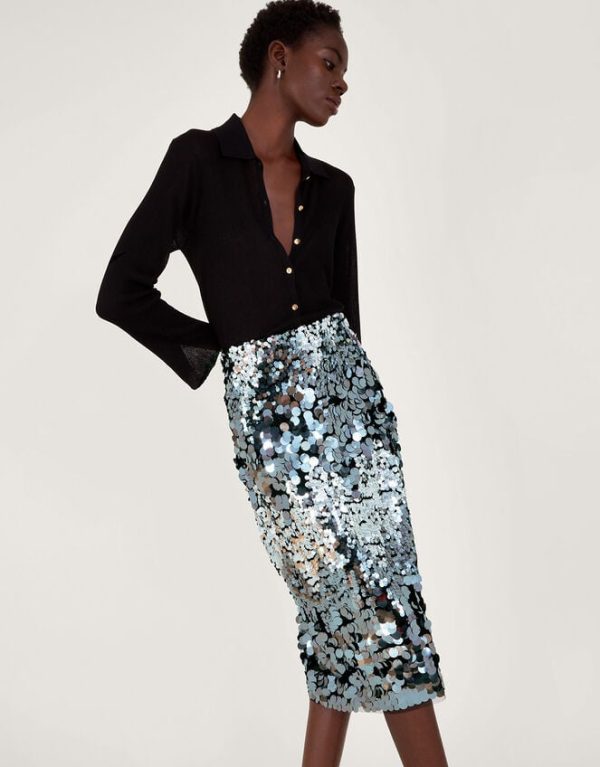 Monsoon Sia Sequin Midi Skirt Silver - Image 2