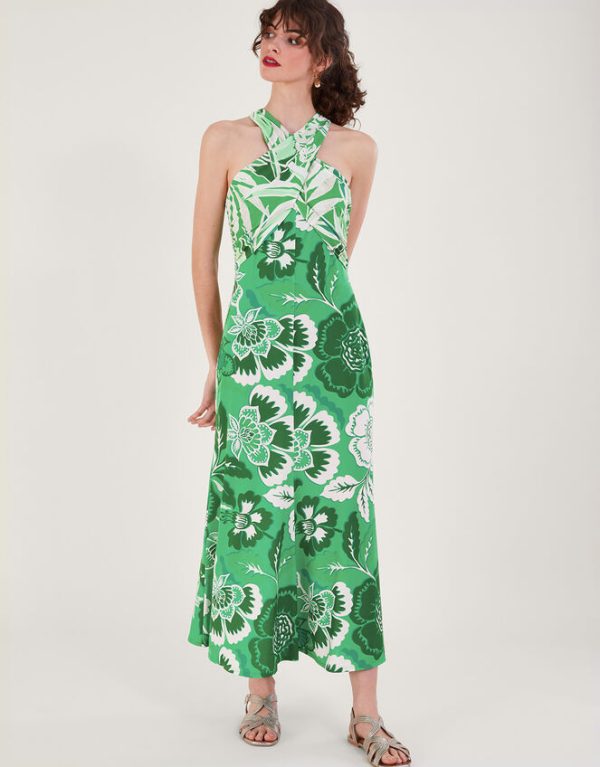 Monsoon Clo Botanical Print Crossover Maxi Dress Green