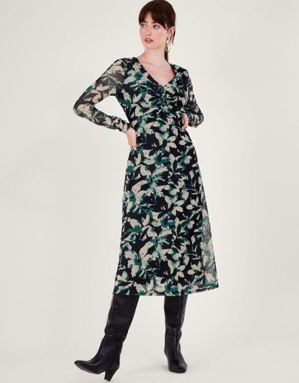 Monsoon Fawn Floral Mesh Dress Green