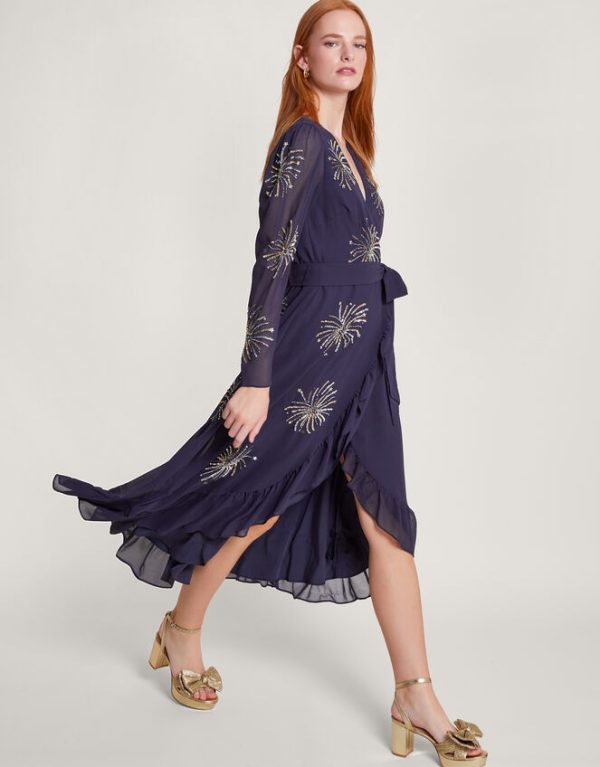 Monsoon Serena Embellished Wrap Dress Blue