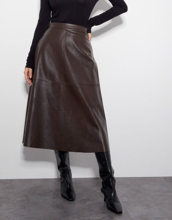 Monsoon Pippa Faux Leather Midi Skirt Brown - Image 2