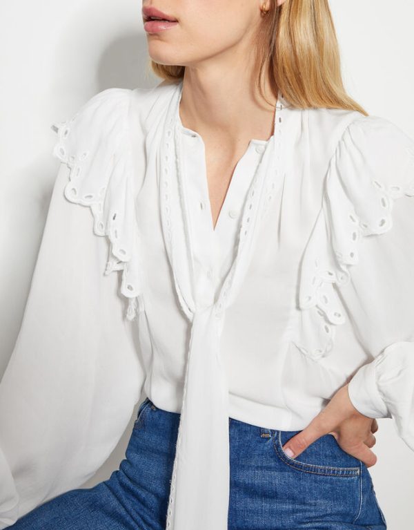 Monsoon Cassie Broderie Frill Tie-Neck Blouse Ivory - Image 2