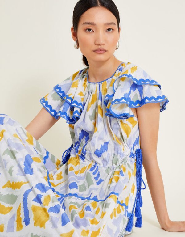 Monsoon Myla Geometric Print Ruffle Dress Blue - Image 2