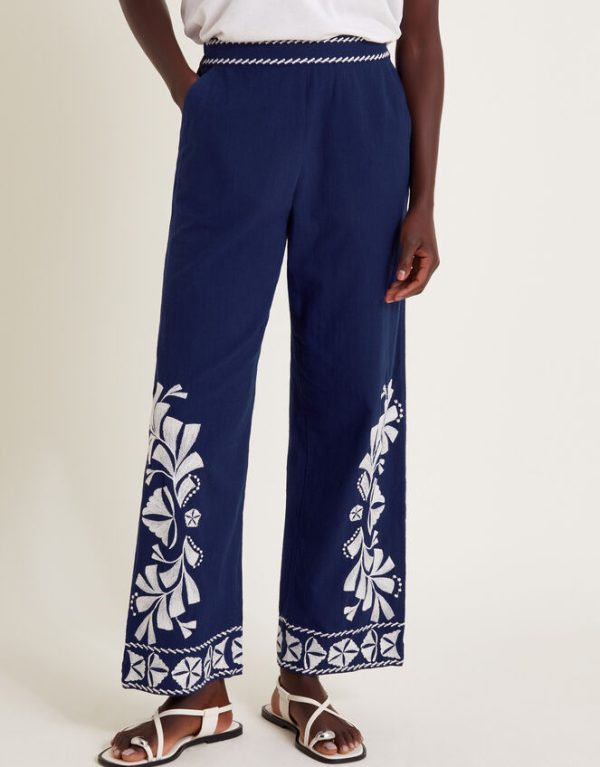 Monsoon Ola Embroidered Wide Leg Trousers Blue - Image 2