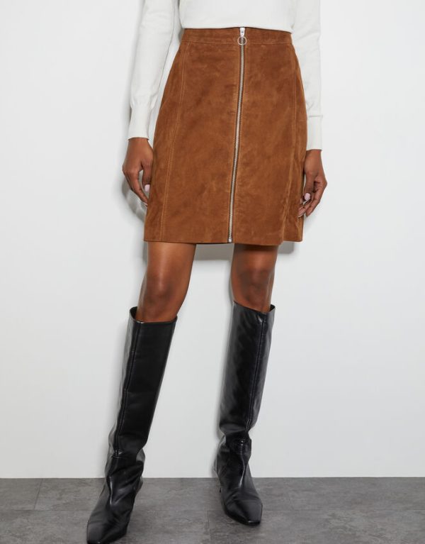 Monsoon Sienna Suede Zip Skirt Tan - Image 2