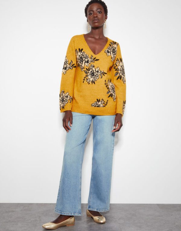 Monsoon Jess V-Neck Floral Jacquard Jumper Yellow - Image 2