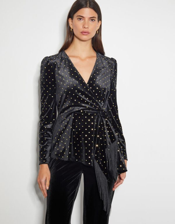 Monsoon Fable V-Neck Spot Velvet Top Black - Image 2