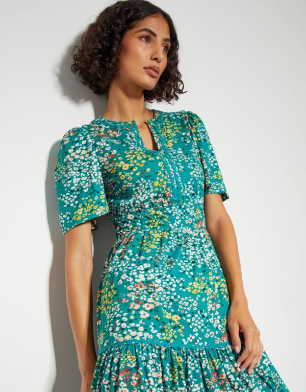 Monsoon Micola Short Sleeve Floral Midi Dress Teal - Image 2