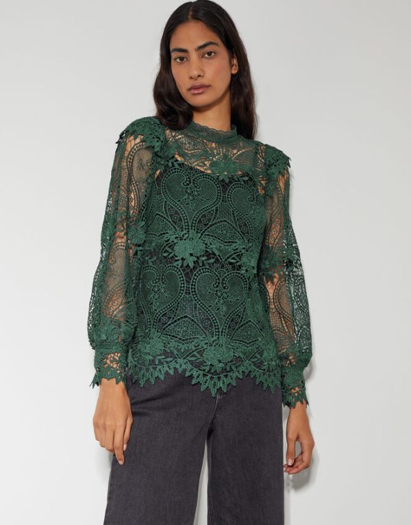 Monsoon Lucy Lace Long Sleeve Blouse Teal - Image 2