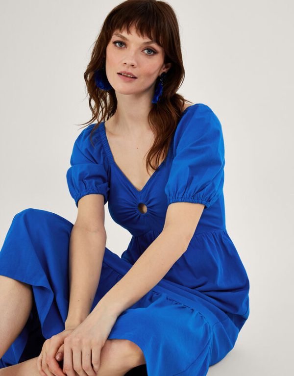 Monsoon Puff Sleeve O-Ring Detail Midi Dress Blue - Image 2