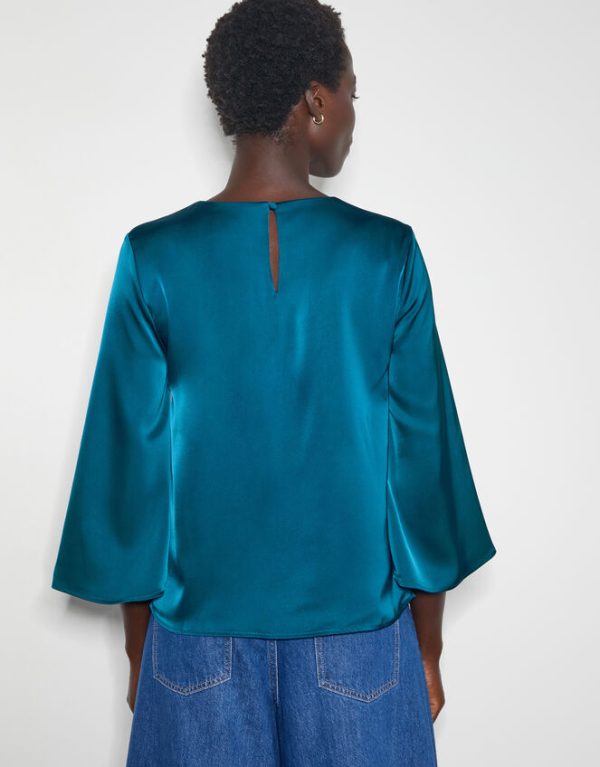 Monsoon Ingrid Bell Sleeve Satin Top Blue - Image 3