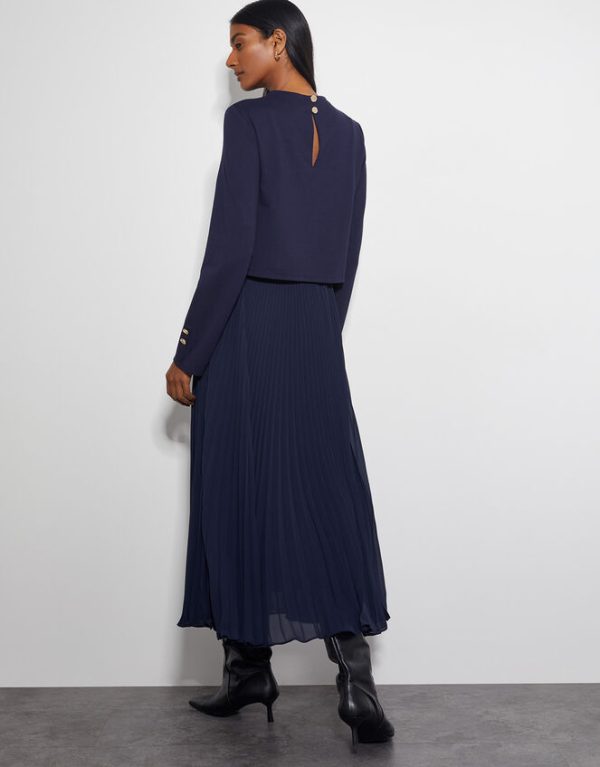 Monsoon Penny Long Sleeve Pleated Midi Dress Blue - Image 3