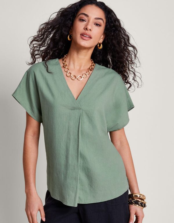 Monsoon Viola V-Neck Pintuck T-Shirt Green - Image 2