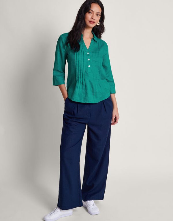 Monsoon Elsie Pintuck Linen Blouse Teal - Image 2