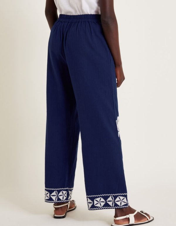 Monsoon Ola Embroidered Wide Leg Trousers Blue - Image 3