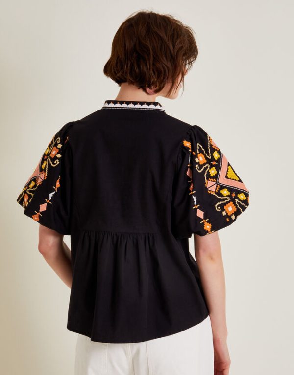 Monsoon Bernie Embroidered Puff Sleeve Blouse Black - Image 3