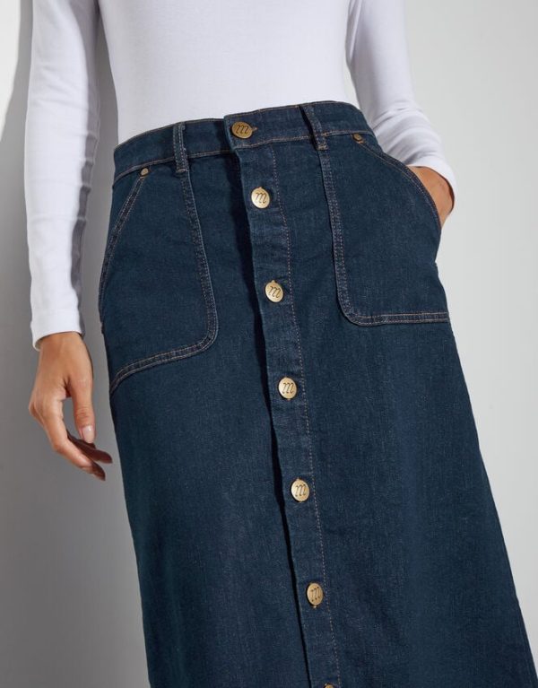 Monsoon Bree Button Denim Midi Skirt Blue - Image 3