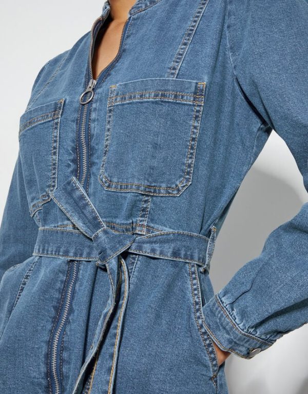 Monsoon Izzy Long Sleeve Denim Zip Midi Dress Blue - Image 3