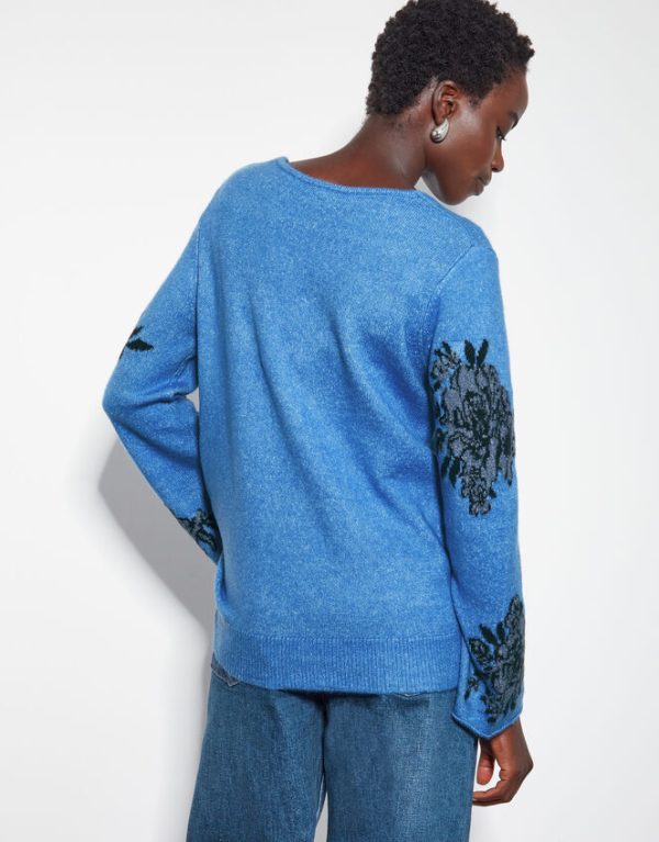 Monsoon Jess V-Neck Floral Jacquard Jumper Blue - Image 3