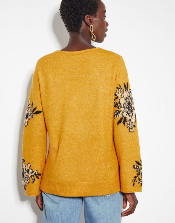 Monsoon Jess V-Neck Floral Jacquard Jumper Yellow - Image 3