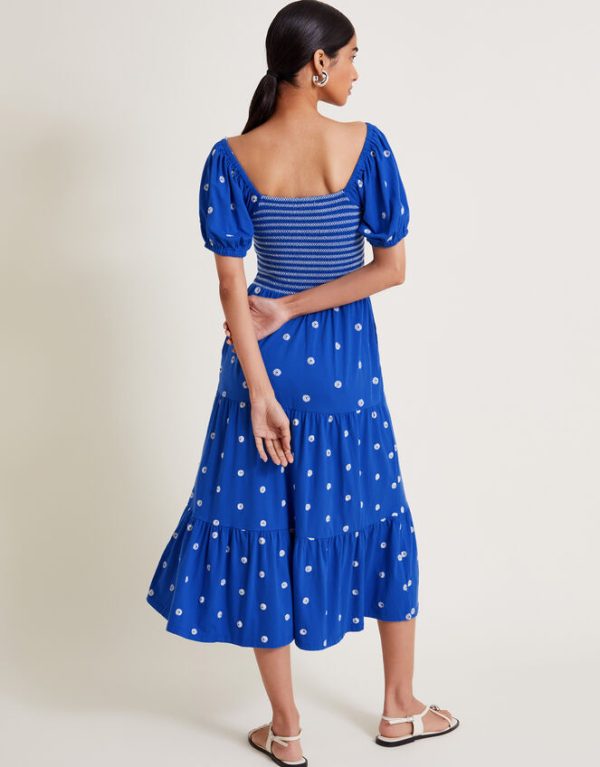 Monsoon Susie Shirred Embroidered Midi Dress Blue - Image 3