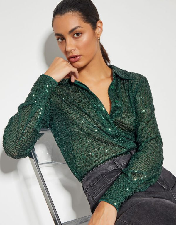 Monsoon Shonda Sheer Sequin Shirt Green - Image 3