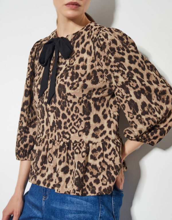 Monsoon Archie Leopard Print Peplum Top Brown - Image 3