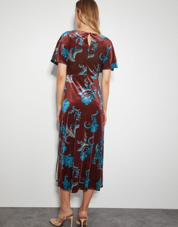 Monsoon Sassa Floral Velvet Cowl Midi Dress Brown - Image 3