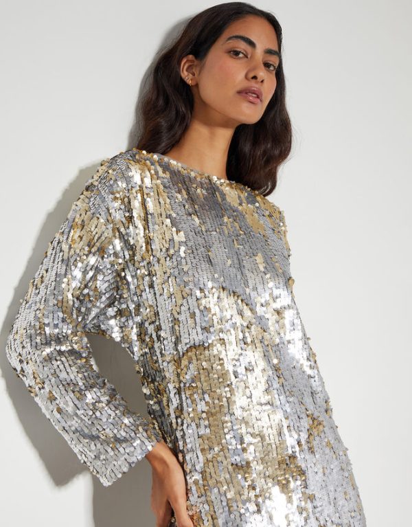 Monsoon Marie Long Sleeve Sequin Midi Dress Silver - Image 3