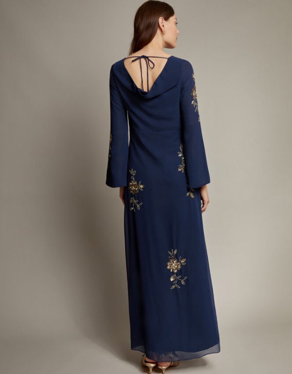 Monsoon Sarah Flute Sleeve Floral Sequin Maxi Dress Blue - Image 3