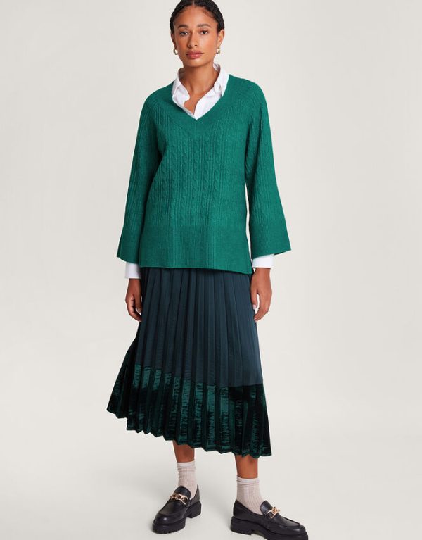 Monsoon V-Neck Cable Longline Jumper Green - Image 2