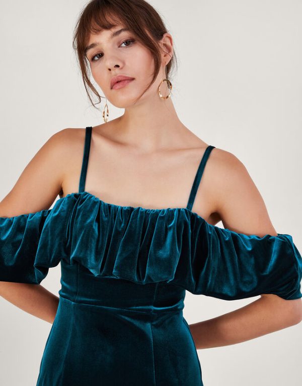 Monsoon Agatha Velvet Bardot Dress Teal - Image 2