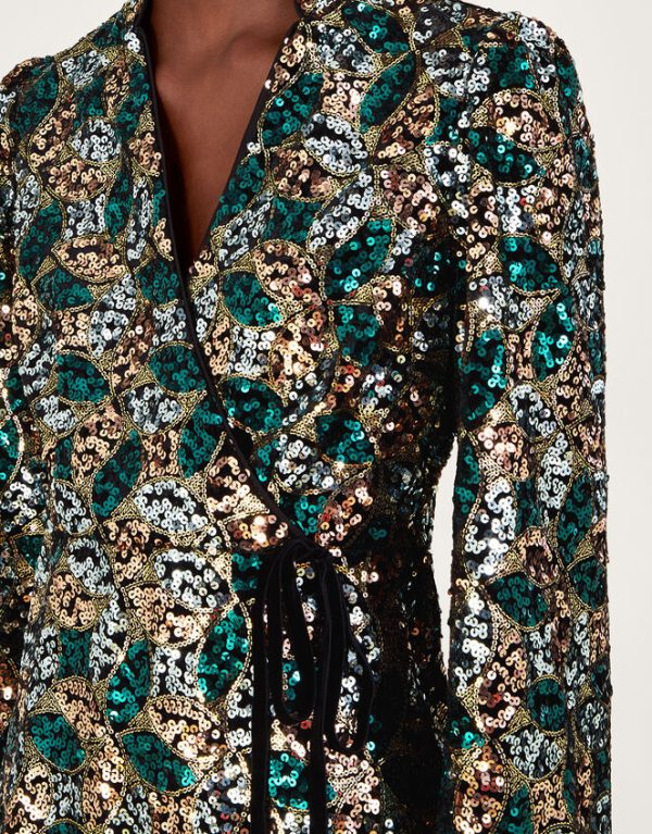 Monsoon Sasha Sequin Wrap Dress Gold - Image 3