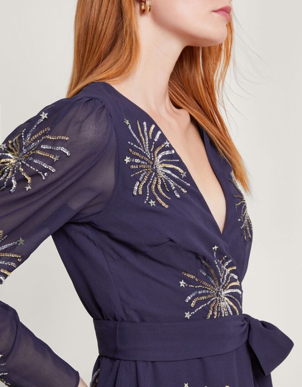 Monsoon Serena Embellished Wrap Dress Blue - Image 2