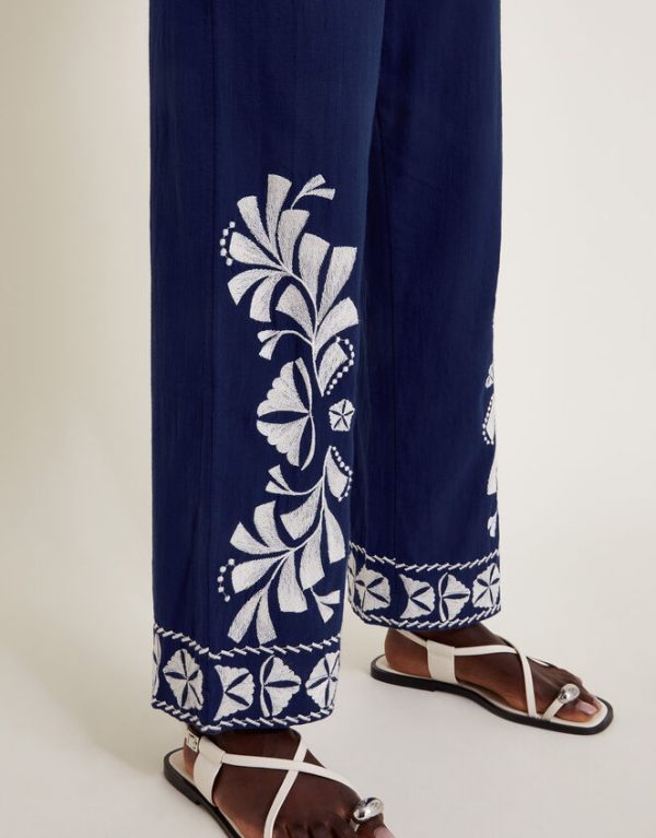 Monsoon Ola Embroidered Wide Leg Trousers Blue - Image 4